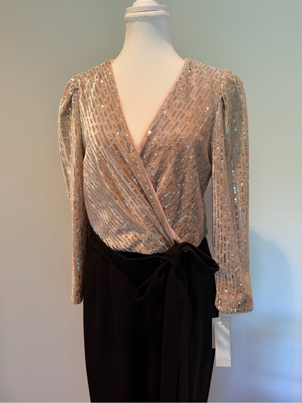 Julia Jordan Champagne Sequin Wrap Jumpsuit with Black Trousers